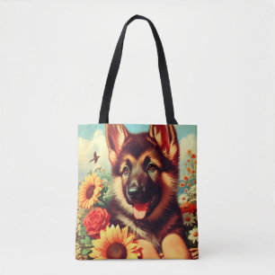Cute German Shepherd Puppy Painting Tote Bag