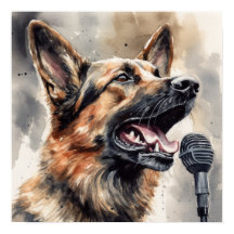 Cute German Shepherd singing through microphone