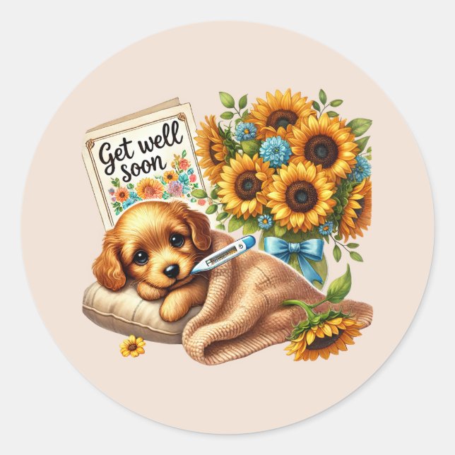 Cute get well soon puppy  classic round sticker (Front)