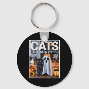 Cute Ghost And Black Cat Funny Halloween Zine Paro Keychain