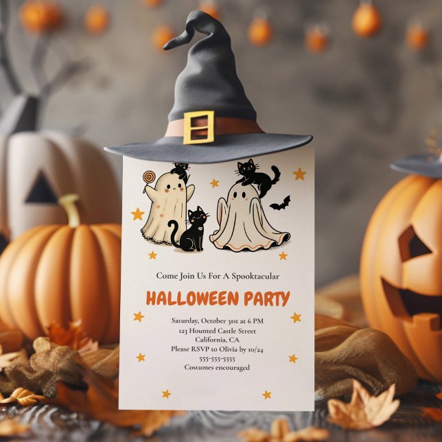 Cute Ghost and Black Cat Halloween Party Invitation (Cute Ghost and Black Cat Halloween Party Invitation with funny halloween decoration and a witch hat)