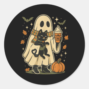 Cute Ghost And Black Cat Pumpkin Coffee Halloween Classic Round Sticker