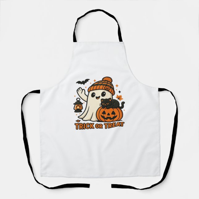 Cute Ghost and Black Cat Trick or Treat Oversized  Apron (Front)
