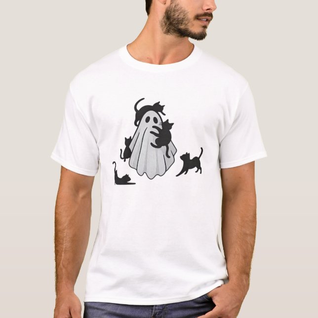 Cute Ghost and Black Cats Classic T-Shirt (Front)