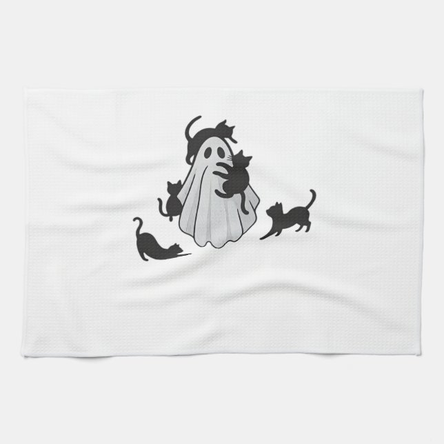 Cute Ghost and Black Cats Classic T-Shirt Kitchen Towel (Horizontal)