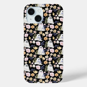 Cute Ghost And Colorful Flowers Seamless Pattern iPhone 15 Case