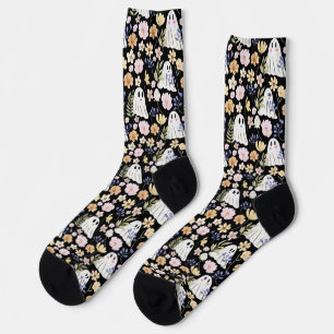 Cute Ghost And Colorful Flowers Seamless Pattern Socks