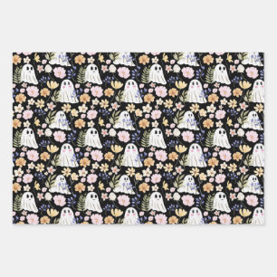 Cute Ghost And Colorful Flowers Seamless Pattern Wrapping Paper Sheet