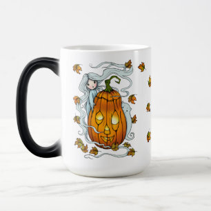 Cute Ghost and Jack-o-Lantern Falling Leaves Magic Mug