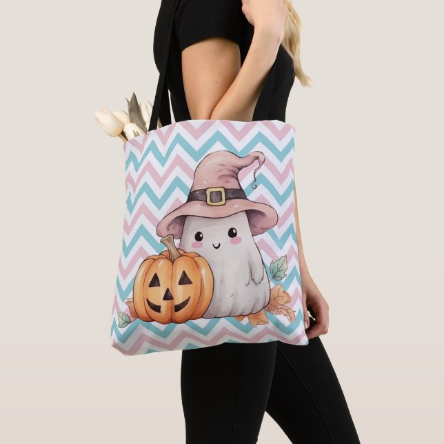 Cute Ghost and Jack-O' Lantern Halloween Tote Bag (Close Up)