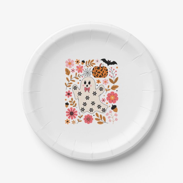 Cute Ghost and Pumpkin Floral Spooky Paper Plate (Front)