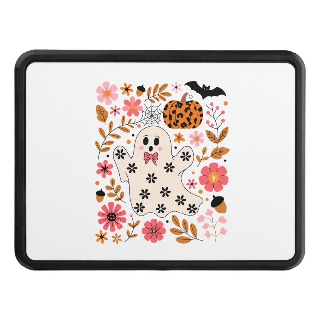 Cute Ghost and Pumpkin Floral Spooky Trailer Hitch Cover (Front)