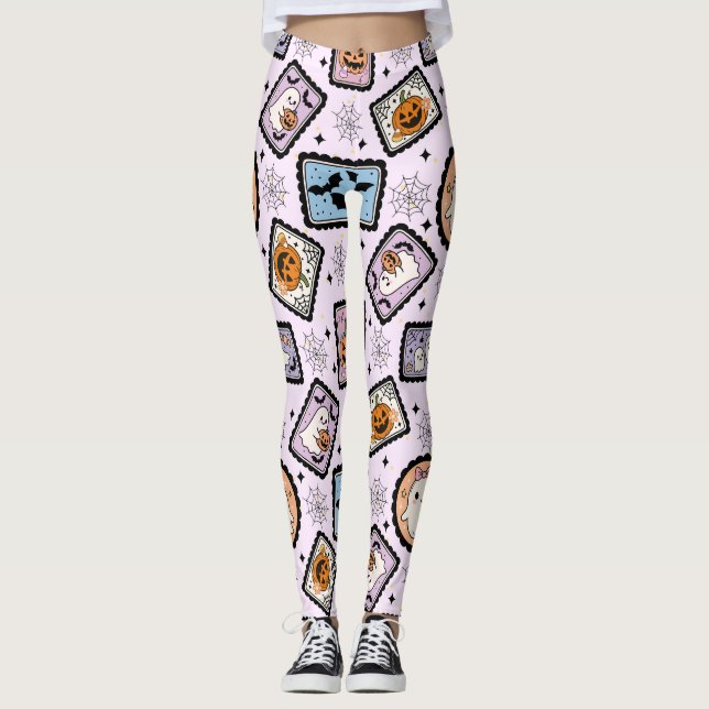 Cute Ghost and Pumpkin Halloween Stamps Pattern Leggings (Front)