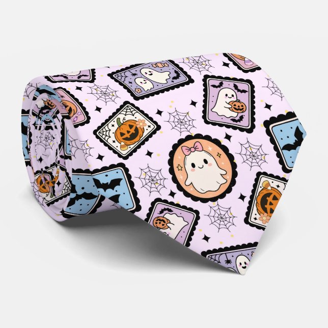 Cute Ghost and Pumpkin Halloween Stamps Pattern Tie (Rolled)