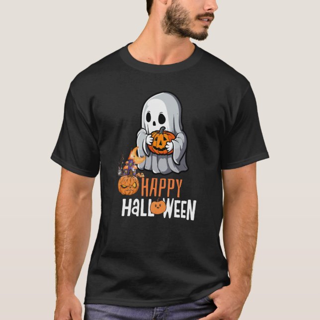 Cute Ghost and Pumpkin "Happy Halloween" T-shirt (Front)