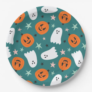 Cute Ghost and Pumpkins Halloween Paper Plate