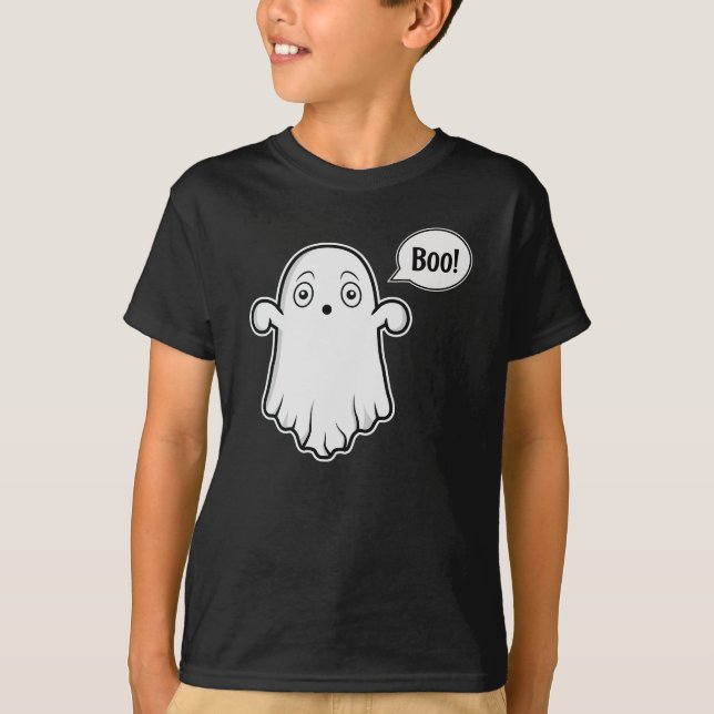 Cute Ghost And Speech Bubble Saying Boo Halloween T-Shirt (Front)