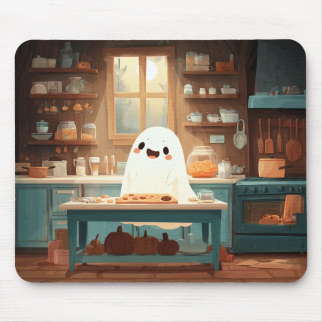 Cute Ghost Baking Cookies – Cozy Spooky Mousepad (Front)