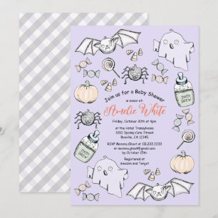 Cute Ghost, Bat & Spider Halloween Baby Shower Invitation