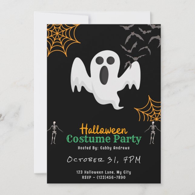 Cute Ghost Bats Orange Spiderwebs Black Halloween Invitation (Front)