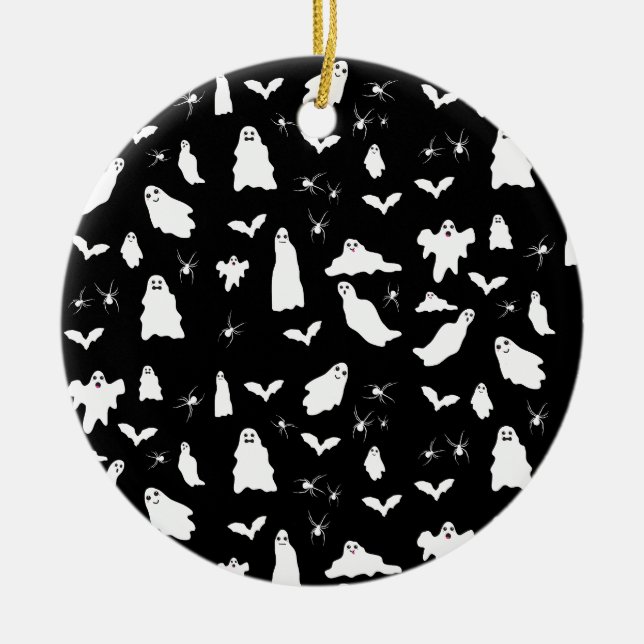 Cute Ghost, Bats & Spiders Halloween Pattern Ceramic Ornament (Front)
