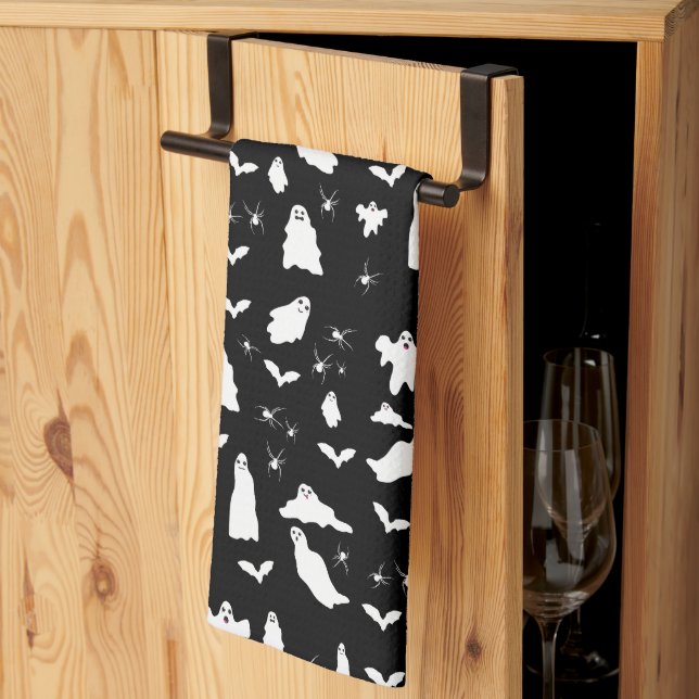 Cute Ghost, Bats & Spiders Halloween Pattern Kitchen Towel (Thirds Fold)