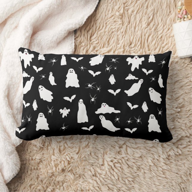 Cute Ghost, Bats & Spiders Halloween Pattern Lumbar Pillow (Blanket)