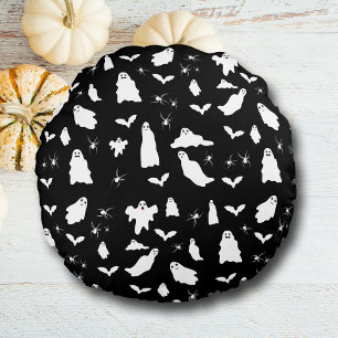 Cute Ghost, Bats & Spiders Halloween Pattern Round Pillow