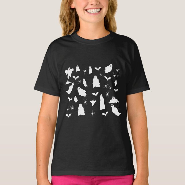 Cute Ghost, Bats & Spiders Halloween Pattern T-Shirt (Front)