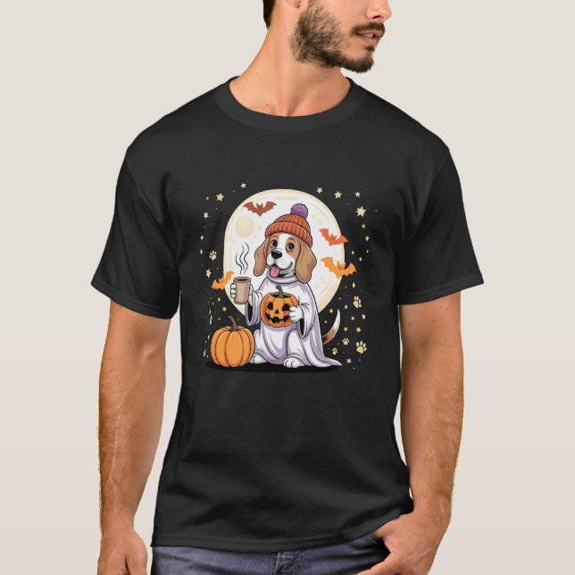 Cute Ghost Beagle Pumpkin Drinks Beanie Fall Hallo T-Shirt (Front)