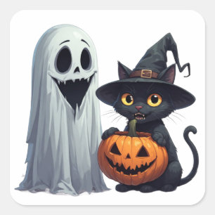 Cute Ghost Black Cat And Pumpkin Gathering 👻 Square Sticker