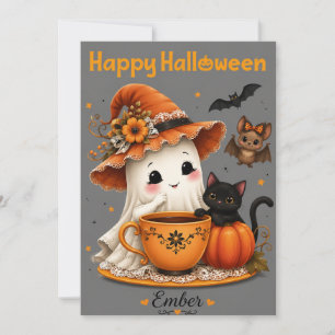 Cute Ghost & Black Cat Halloween Design  Invitation