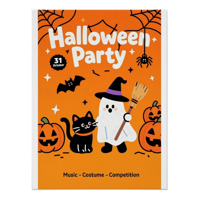 Cute Ghost Black Cat Halloween Party Poster (Front)