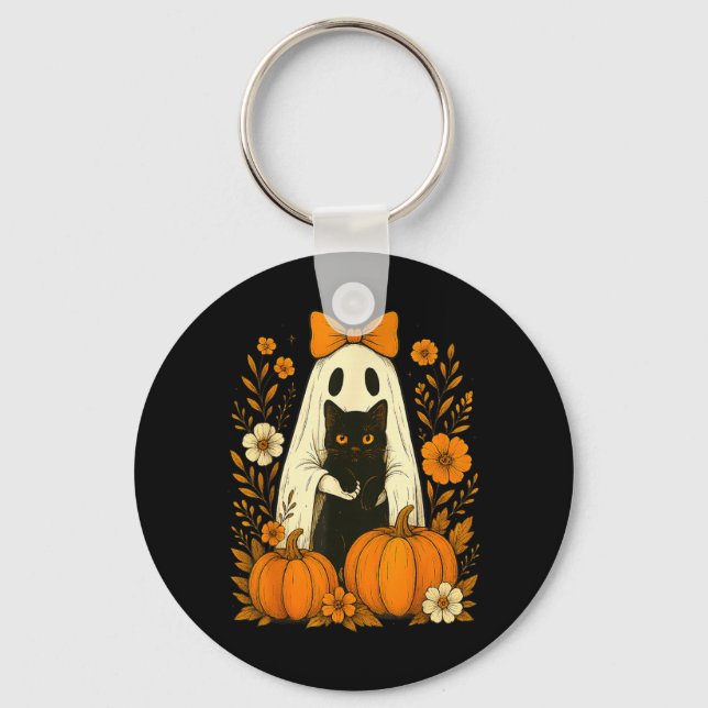 Cute Ghost Black Cat Halloween Pumpkin Groovy Keychain (Front)