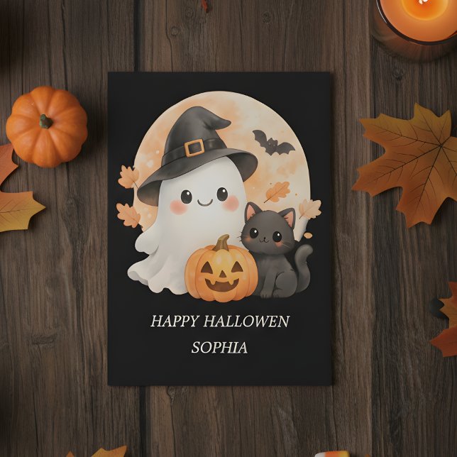 Cute Ghost & Black Cat Happy Halloween Card (Creator Uploaded)
