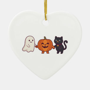 Cute Ghost Black Cat & Jack O Lantern Halloween Ceramic Ornament