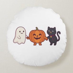 Cute Ghost Black Cat & Jack O Lantern Halloween Round Pillow