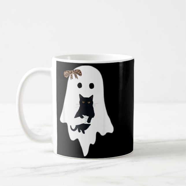 Cute Ghost Black Cat Leopard Bow Funny Spooky Coffee Mug (Left)