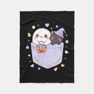 Cute Ghost Black Cat Pocket Halloween Fun Fleece Blanket