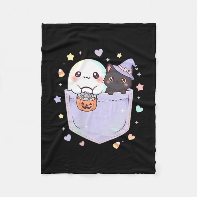 Cute Ghost Black Cat Pocket Halloween Fun Fleece Blanket (Front)