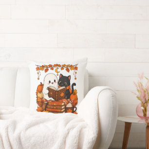 Cute Ghost Black Cat Reading Book Fall Autumn Throw Pillow