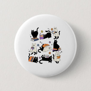 Cute Ghost Black Cat Reading Books Spooky Hallowee 2 Inch Round Button