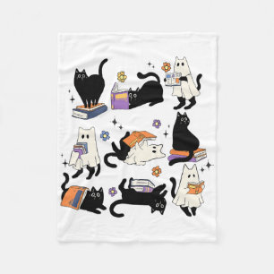 Cute Ghost Black Cat Reading Books Spooky Hallowee Fleece Blanket
