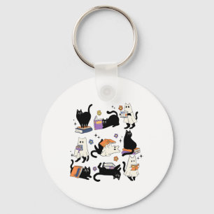 Cute Ghost Black Cat Reading Books Spooky Hallowee Keychain
