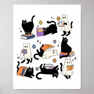 Cute Ghost Black Cat Reading Books Spooky Hallowee Poster