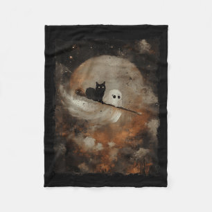 Cute Ghost Black Cat Riding Broomstick Halloween Fleece Blanket