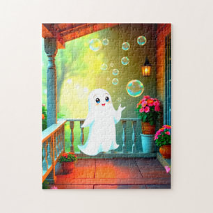 Cute ghost blowing bubbles on a porch jigsaw puzzle