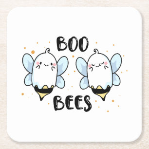 Cute Ghost Boo Bees - Funny Halloween on white  Square Paper Coaster