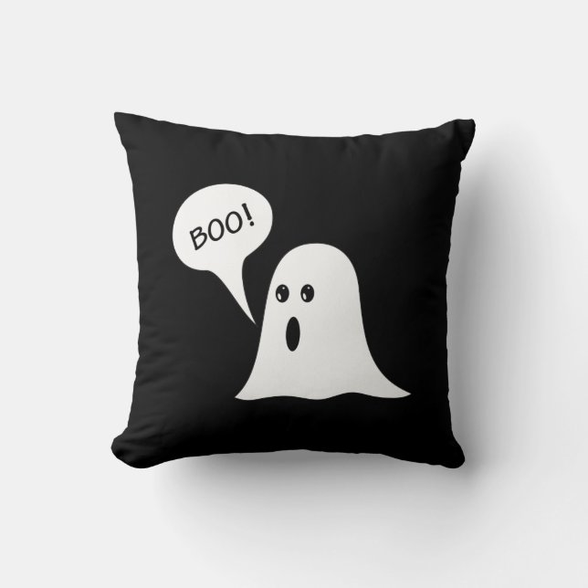 Cute Ghost BOO Halloween Black and Orange Throw Pillow (Front)