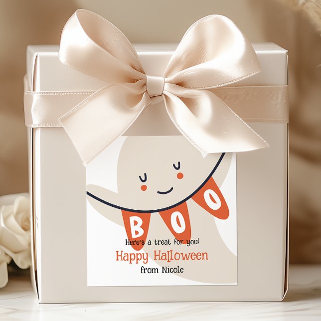 CUTE GHOST BOO HALLOWEEN KIDS TREAT SQUARE STICKER (Creator Uploaded)